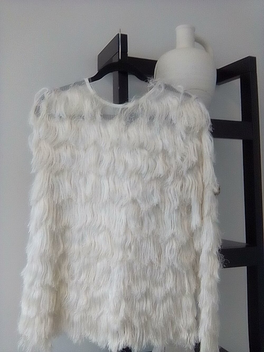 Forever 21 White Cream Fluffy Fringe Sweater Medium
